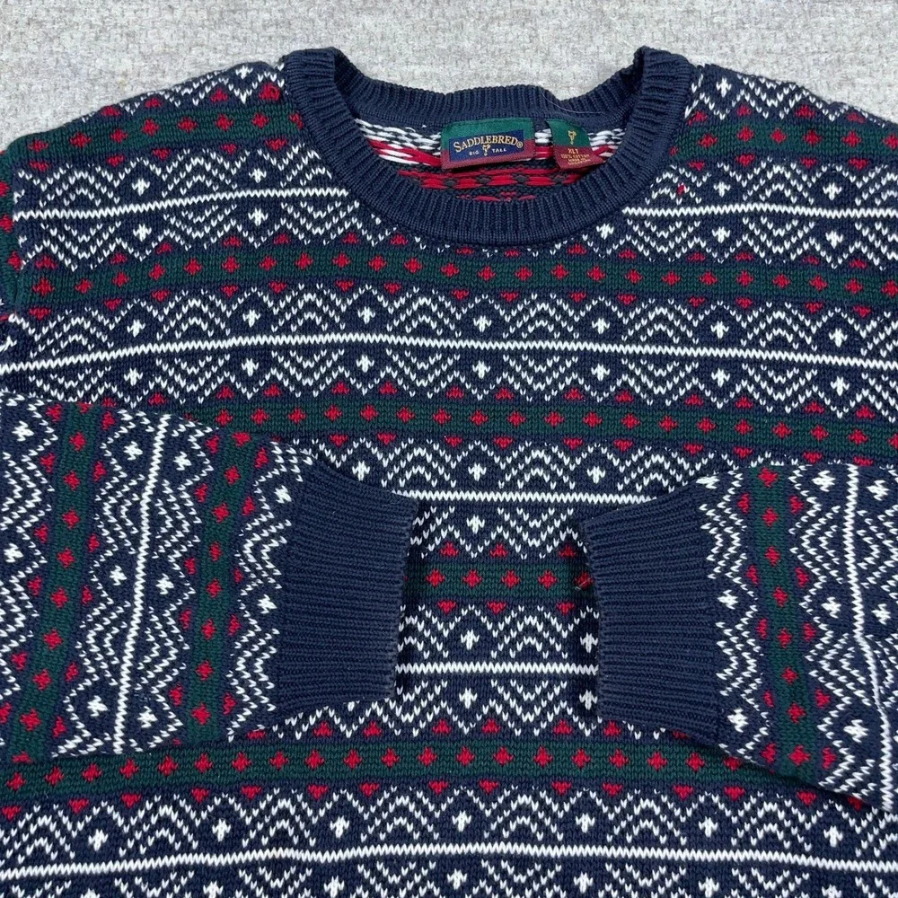 Vintage Grandpa Sweater Men XLT Blue Red Heavy Chunky Knit Geometric Nordic 90s‎